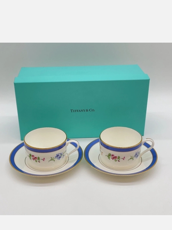 Tiffany & Co. Other - NIB Tiffany & Co. Blue and White Espresso Mug & Saucer Gold Trim Original Box